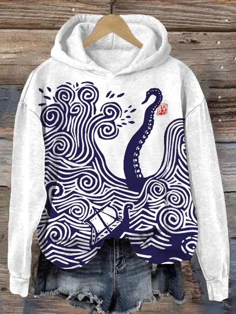 Octopus Japanese Lino Art Graphic Comfy Hoodie
