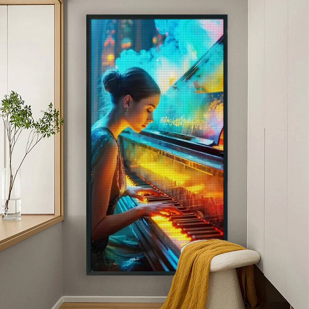 Full Embroidery Eco-cotton Thread 14CT Stamped Cross Stitch - Girl Piano(Canvas|40*70CM)