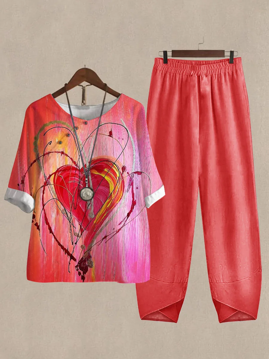 Linen Casual Women's Heart Print Two Pieces Set