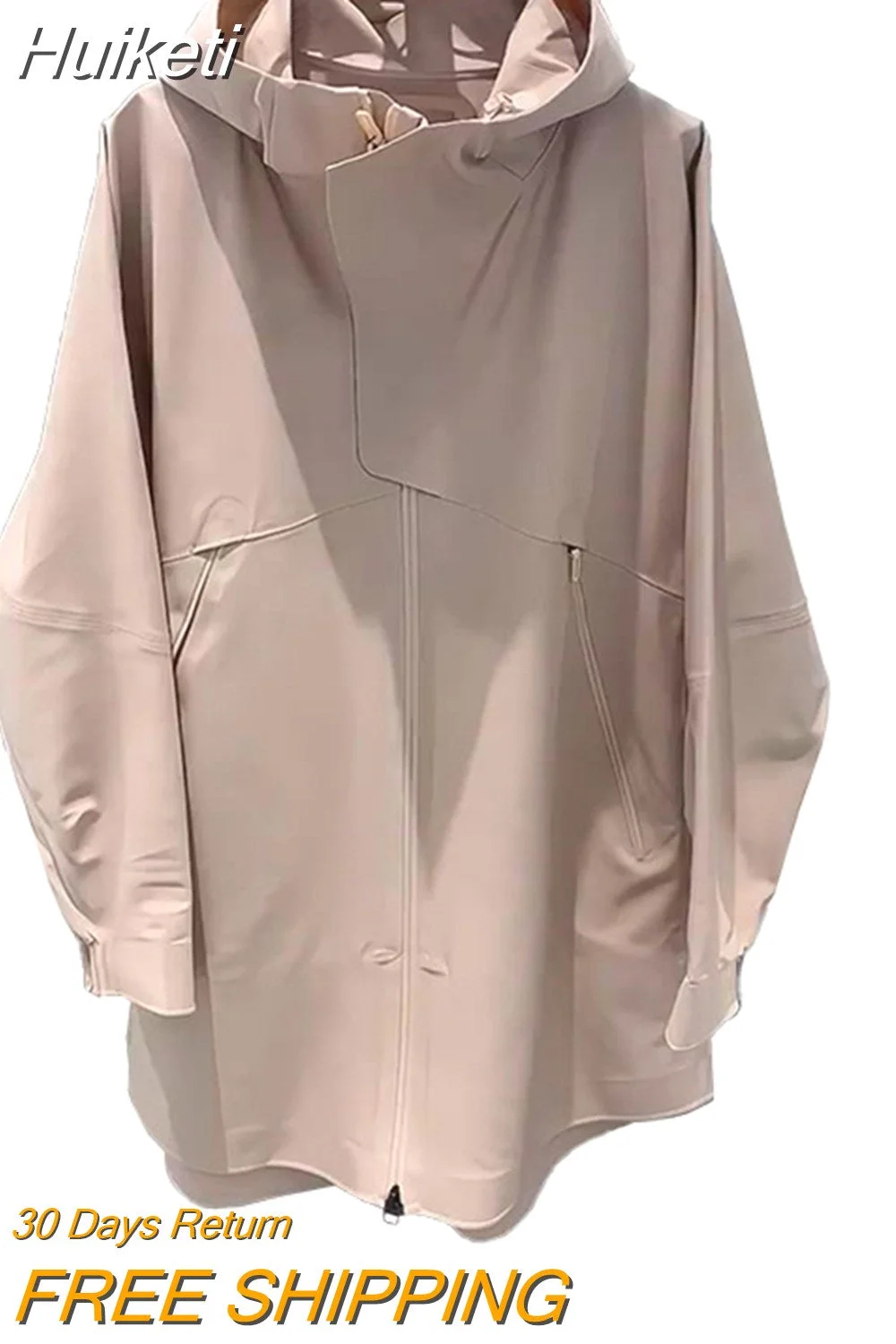 Huiketi Spring Autumn Waterproof Windproof Jacket Windbreaker Women with Hood Zipper Long Sleeve Luxury Designer Clothing 2023