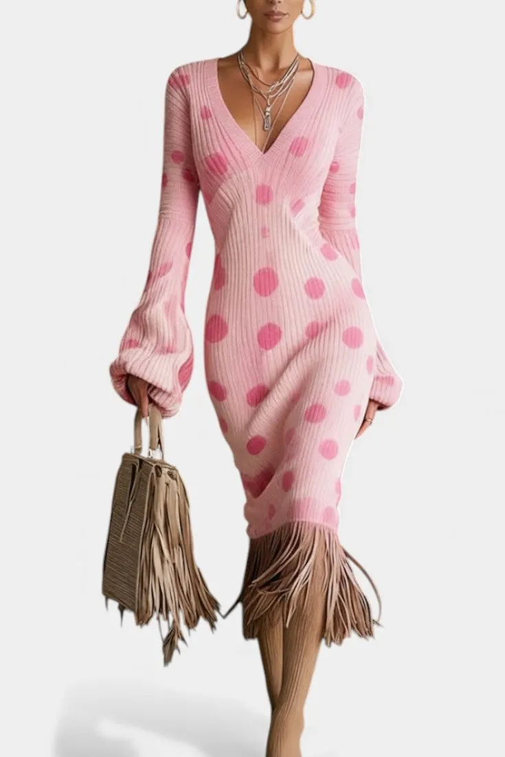 Polka Dot V-Neck Midi Dress with Fringe Hem