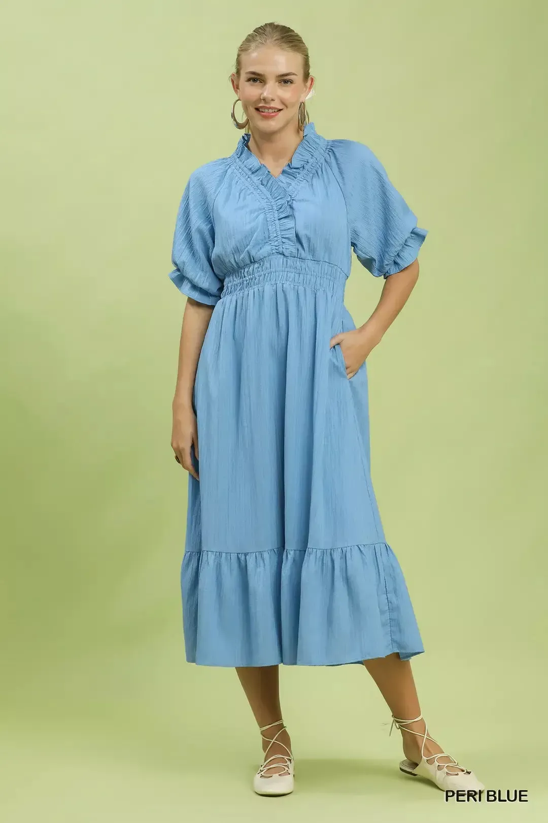 Umgee Ruffle V-Neck Midi Dress mysite idetrend