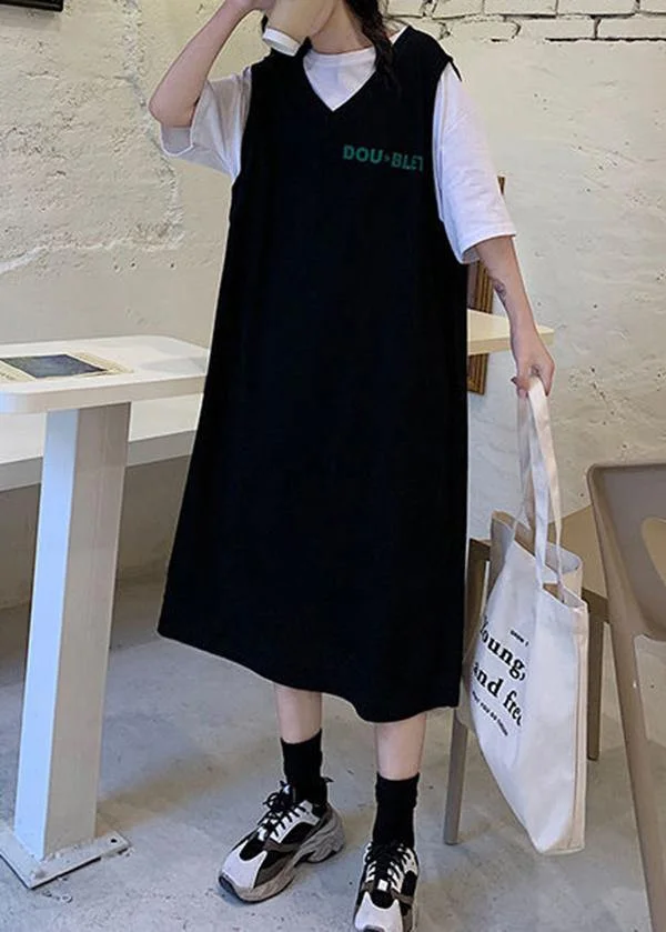 Stitching Black Fake Two Large T-shirt Loose Dress