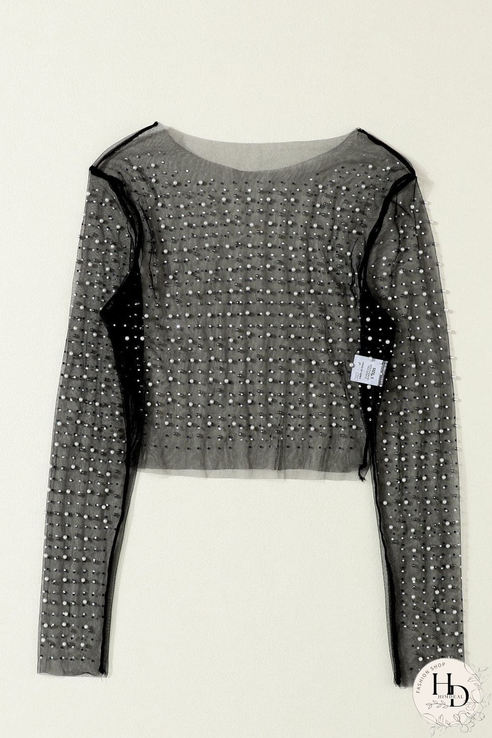 Elegant Black Mesh Sheer Top with Pearl and Rhinestone Embellishments
