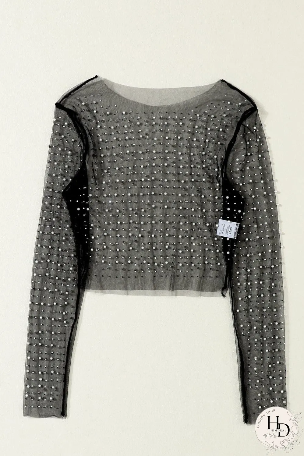 Elegant Black Mesh Sheer Top with Pearl and Rhinestone Embellishments
