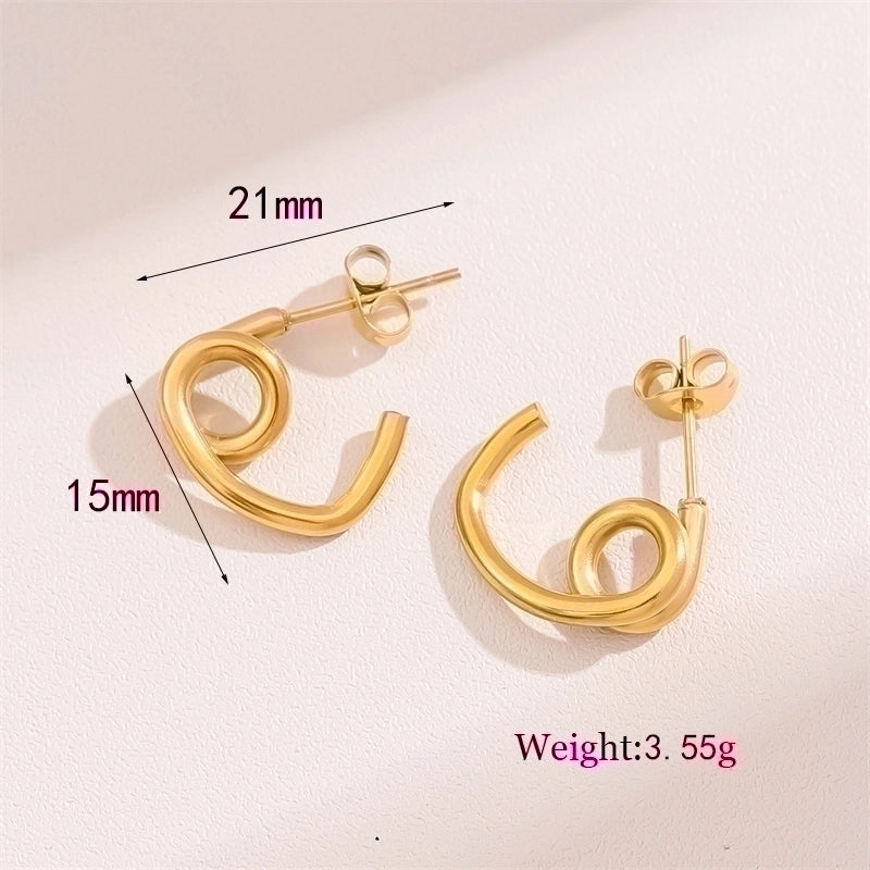 2 Pieces Retro Minimalist Round Waves Plating 201 Stainless Steel 18K Gold Plated Hoop Earrings