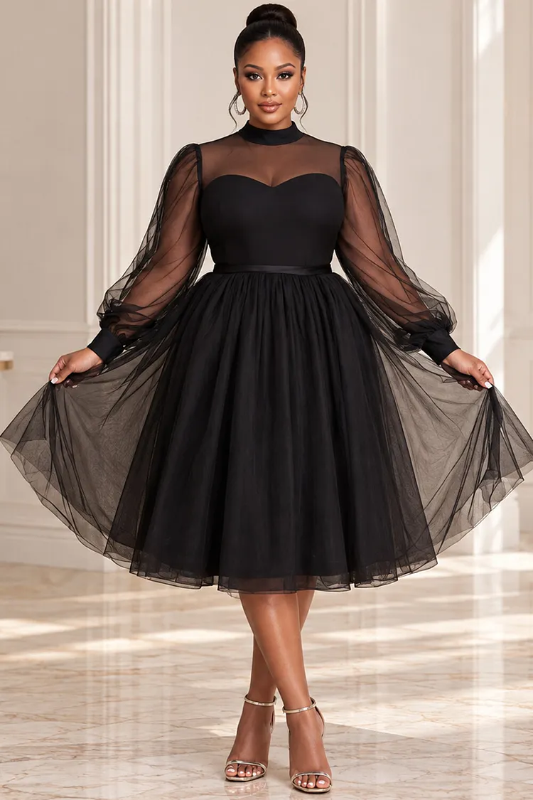 Xpluswear Design Plus Size Party Black Mock Neck Lantern Sleeve Long Sleeve See Through Tulle Midi Dresses [Pre-Order] 2024 - Xpluswear