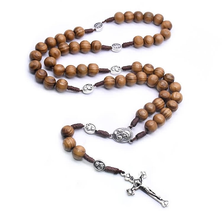 Knitted Brown Cross Wood Rosary Necklace