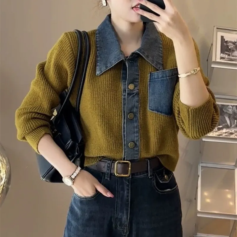 Churchf Churchf And Winter Women's Clothes Fake Two POLO Collar Short Jacket Denim Shirt Collar Stitching Knit Cardigan Sweater Coat
