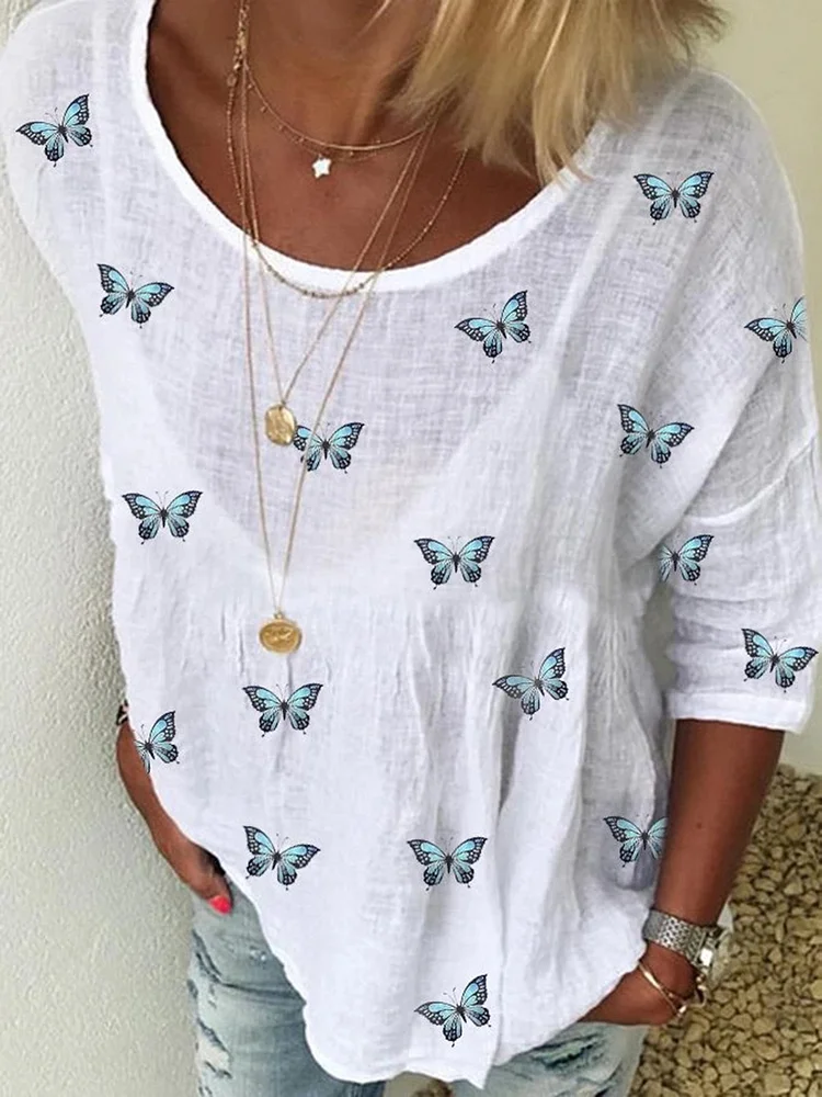 Bestdealfriday White Daily Casual Shift Butterfly Printed 34 Sleeve Linen Shirts Tops 9210278