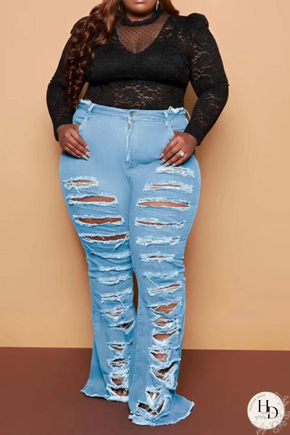 Baby Blue Casual Solid Ripped Plus Size Jeans