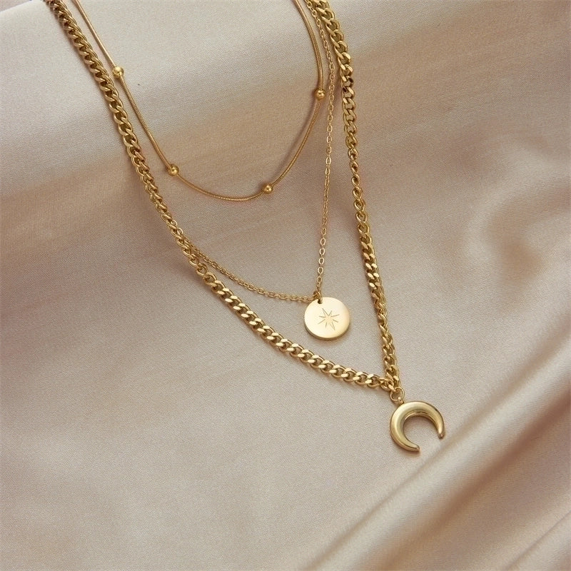 Stainless Steel 18K Gold Plated Vintage Style Gold Plated Star Moon No Inlaid Layered Necklaces