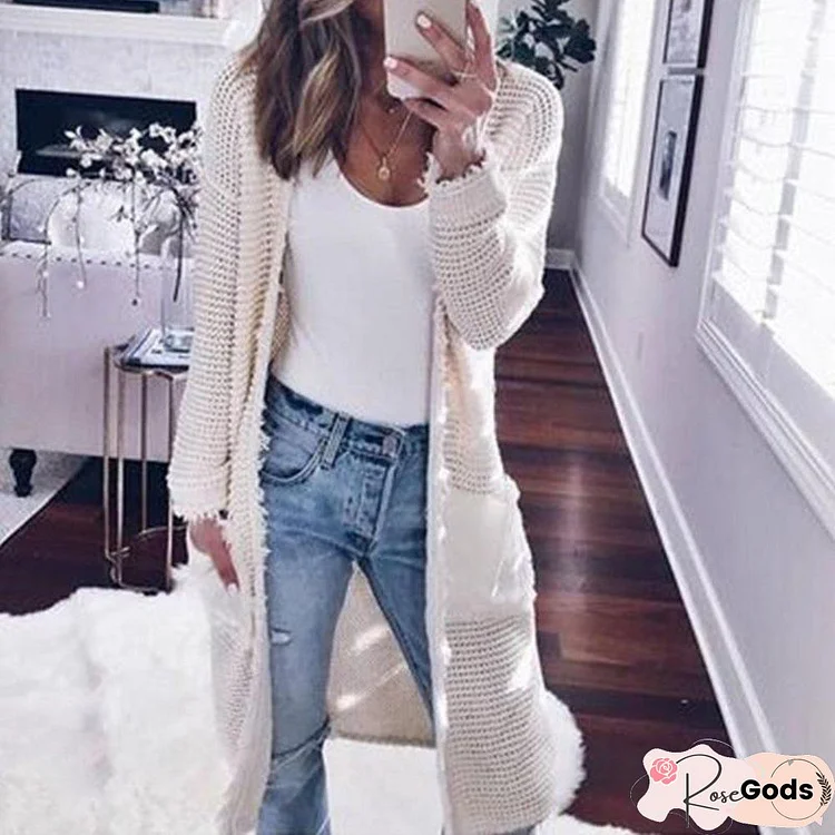 Casual Knitted Long Sleeve Plain Pocket Cardigans