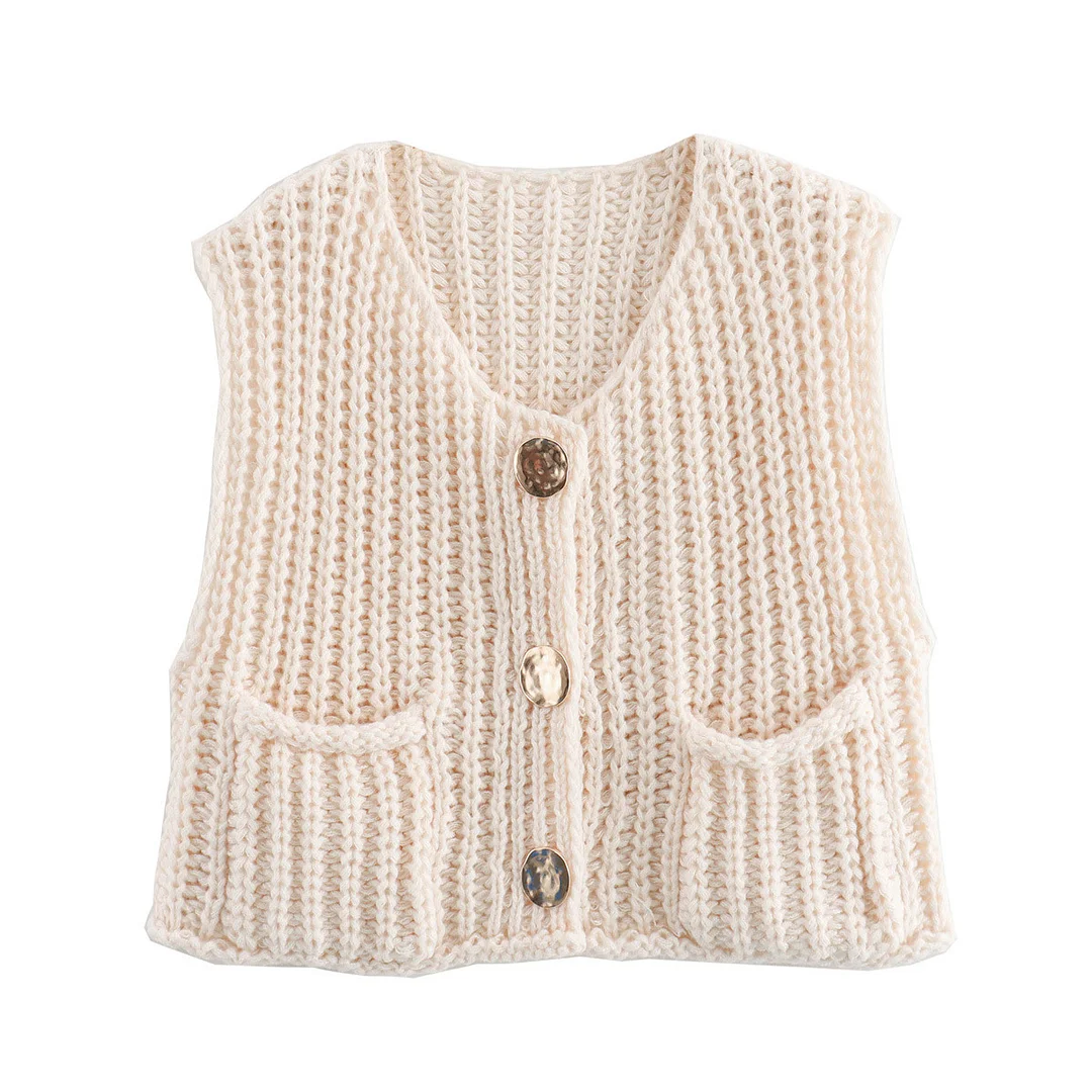Nigikala Nigikala 2025 Spring And Autumn 2025 New Women's Pocket Sleeveless Short Knitted Cardigan Vest