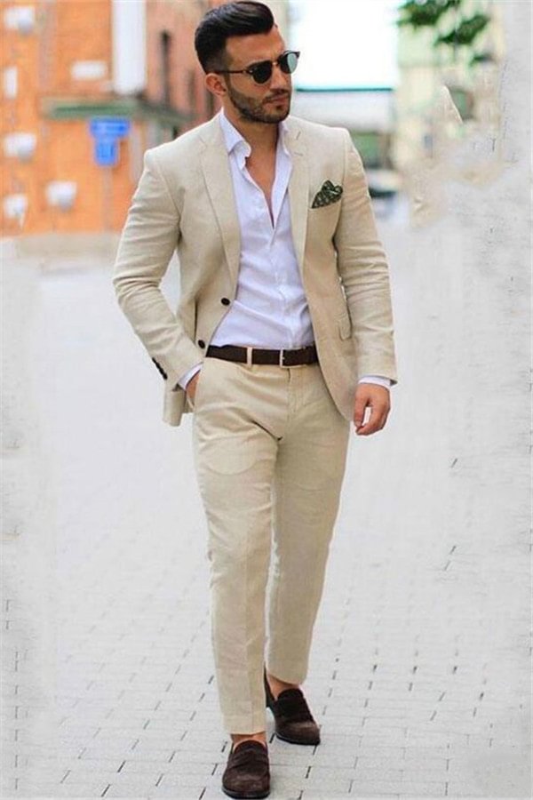 Ivory Casual Summer Unique Notched Lapel Mens Suits Linen Blazer Slim Fit | Ballbellas Ballbellas