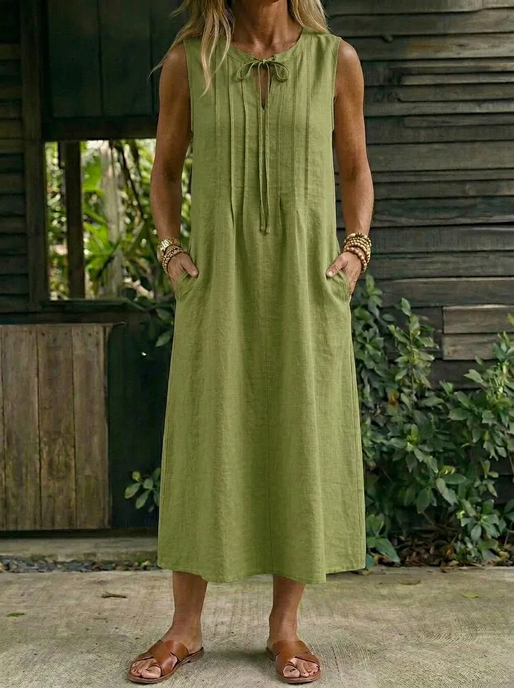Women&rsquo;s Casual Sleeveless Drawstring Neckline Cotton Maxi Dress
