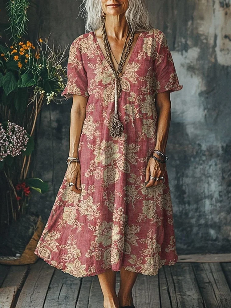 Women's Vintage Lovely Floral Art Print Pocket Cotton Dress