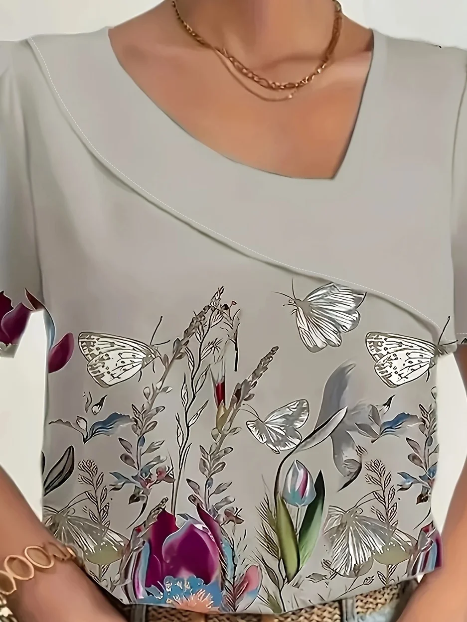 Women's Elegant Blouse - Floral & Butterfly Print In Pastel Pink/Gray/Green/White/Black/Beige - Non-Stretch Fabric Top For Spring/Summer Casual & Formal Events - Machine Washable Everyday Or Party Shirt, Floral Print Blouse, Vneck Design | IFYHOME