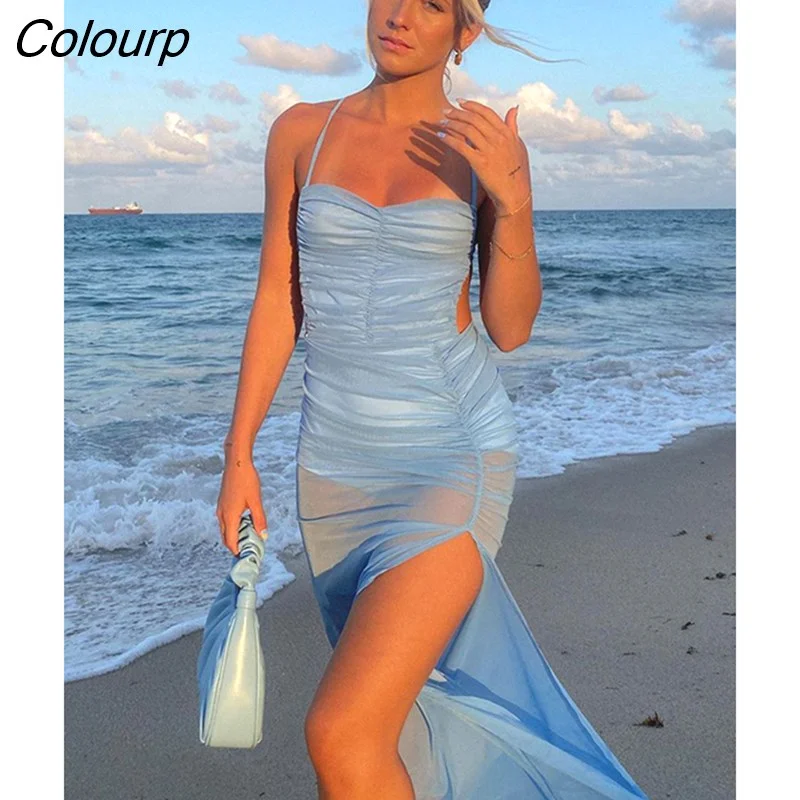 Colourp Ruched Women Mesh Sheer Patchwork Pure Maxi Dress Strap Slit Lace Up Backless Bodycon Sexy Streetwear Beach 2023 Summer