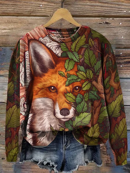 Women's Crew Neck Fox Art Print Hoodie Sweatshirt