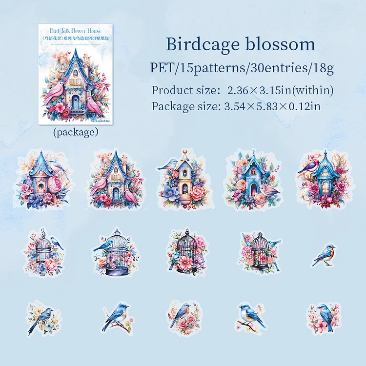 Journalsay 30 Sheets Birds Talk Flower House Series Vintage Flower Birdcage Landscaping PET Sticker