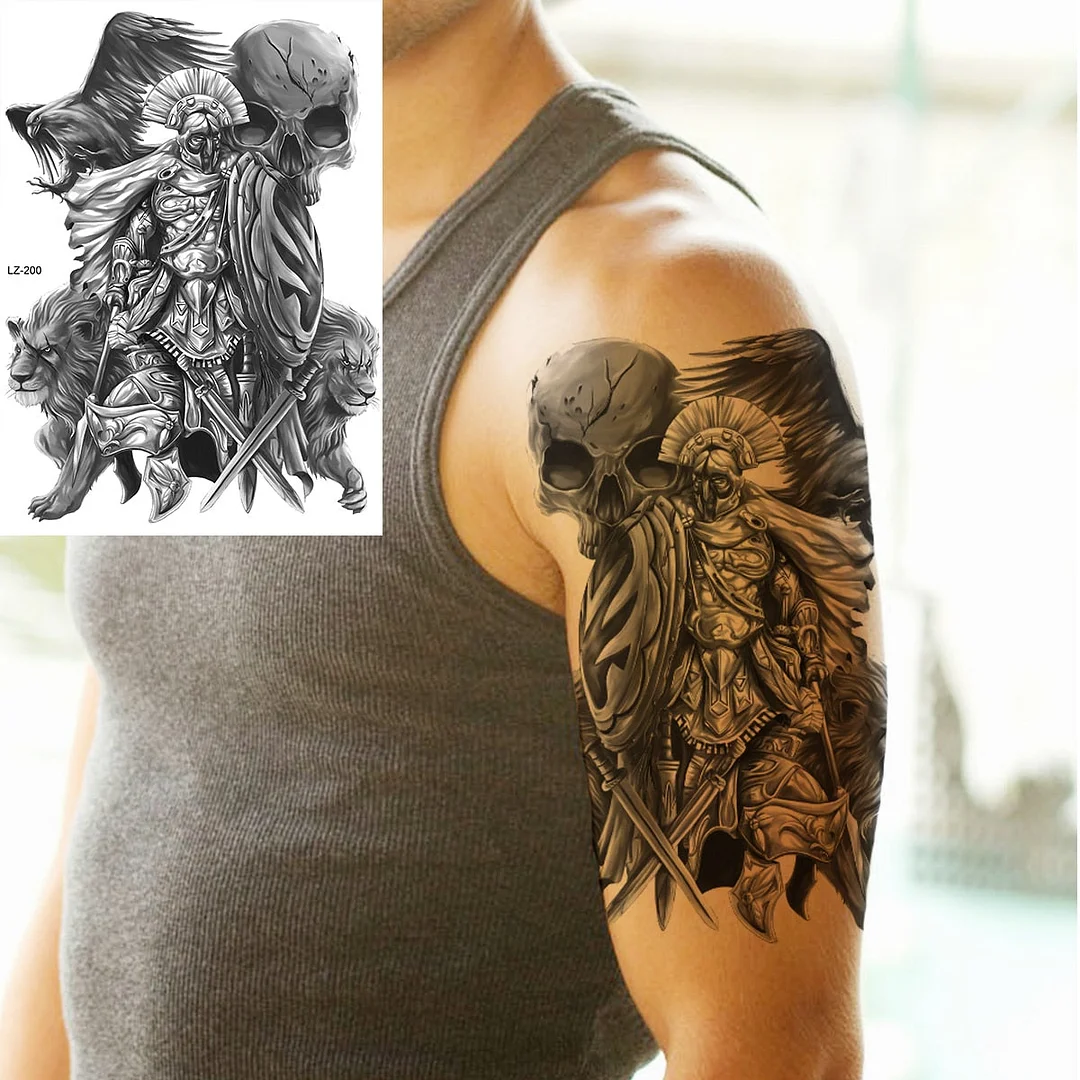 Black Spartan Warrior Temporary Tattoos For Men Adults Realistic Lion Tiger Maori Knight Fake Tattoo Sticker Chest Tatoos 3D