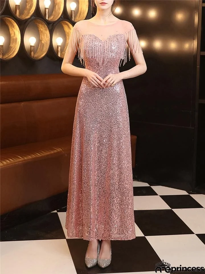 Elegant Sequined Illusion Neck Beaded Evening Gown