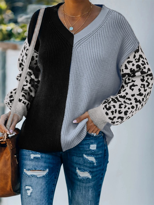 Leopard Color Block V Neck Casual Sweater | EGEMISS