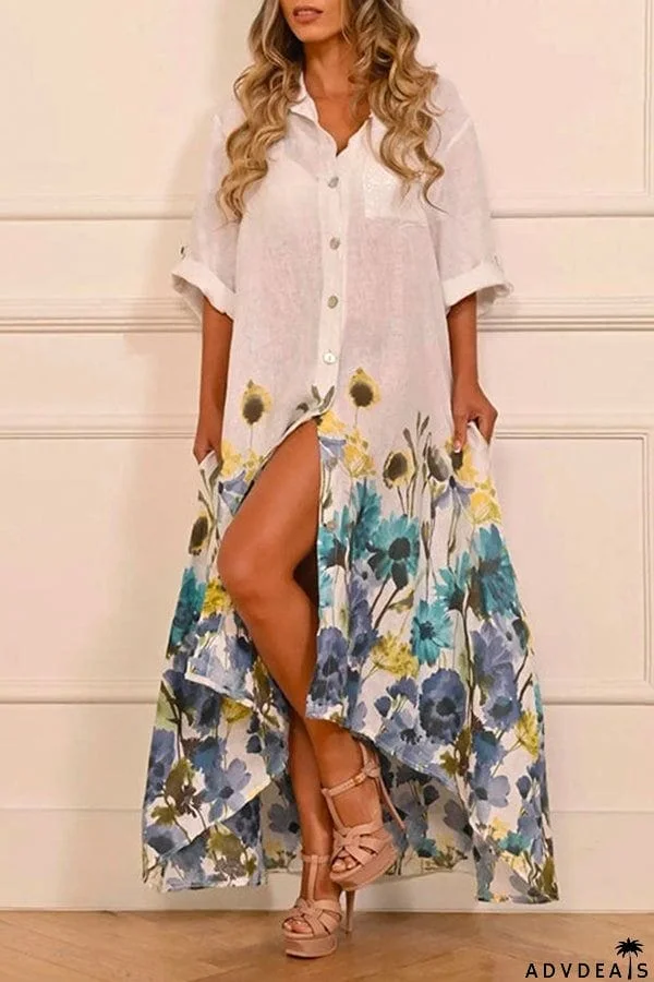 Rolled Up Sleeve Button Down Printed Irregular Shirt Dress