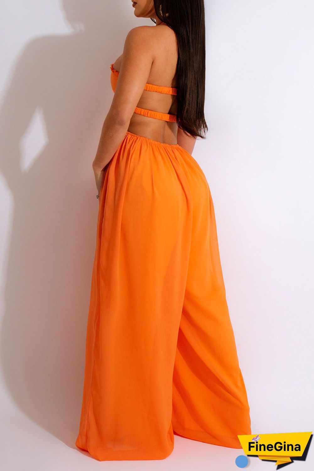 Orange Sexy Solid Patchwork Backless Halter Straight Jumpsuits
