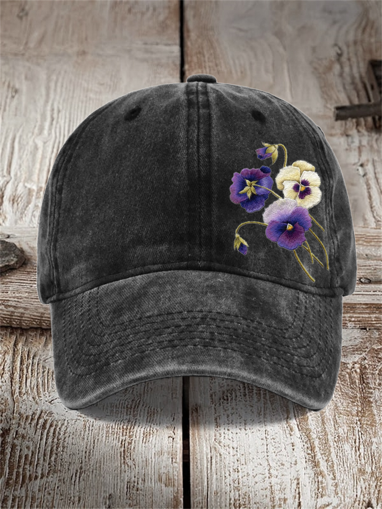 Comstylish Classy Pansy Flowers Embroidered Washed Cap