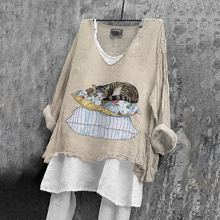 Vintage Cat Embroidery Art Linen Blend Blouse