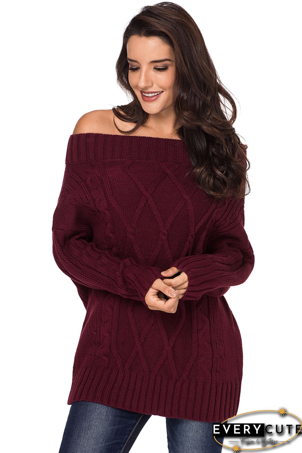 Wine Off The Shoulder Winter Sweater