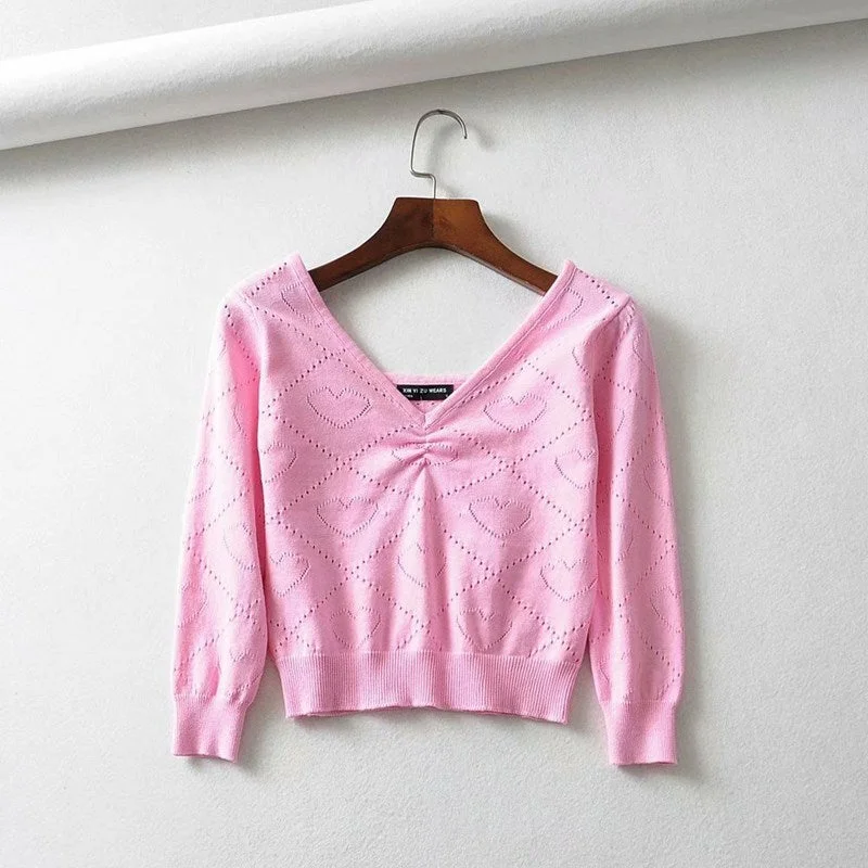 Sexy vintage V-neck folds pink peach heart hollow knit sweaters slim thin 3/4 sleeve short crop tops pullover jumpers for woman