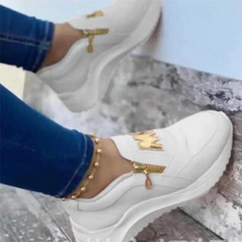 Qengg New Women Sneakers Slip on Zipper Thick Bottom Solid Color Vulcanized Shoes Casual Wedge Walking Flats Zapatillas De Mujer