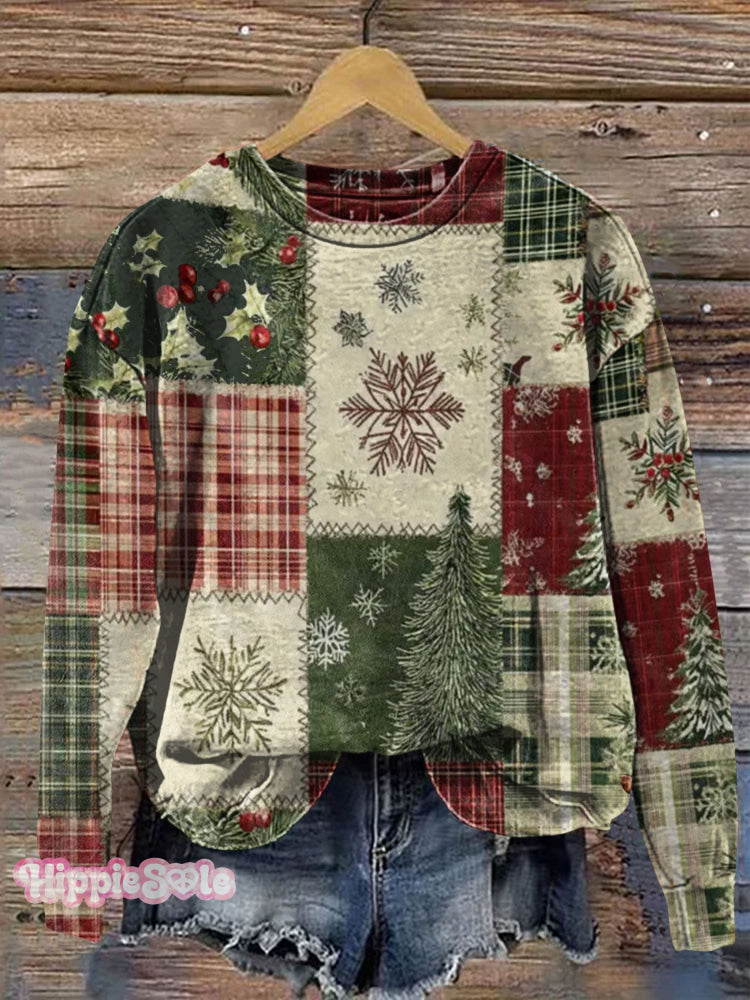Vintage Christmas Patchwork Art Print Casual Sweatshirt Multicolor / S