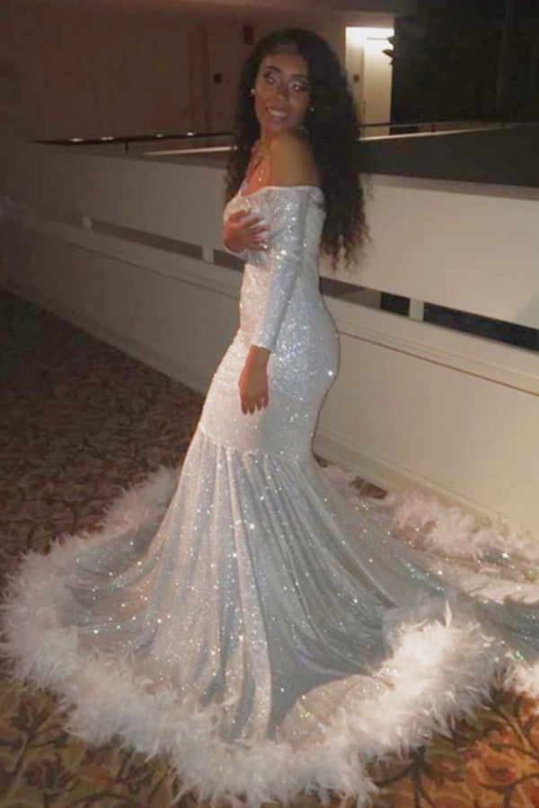 Oknass Off-the-Shoulder Sequins Long Sleeves Long Mermaid Prom Dress With Feather