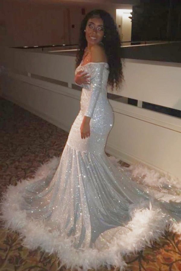 Off-the-Shoulder Long Sleeves Sequins Mermaid Long Prom Dress With Feather | Ballbellas Ballbellas