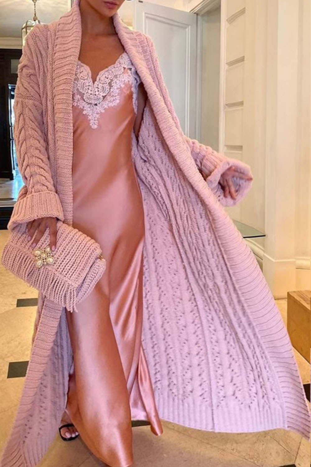 Plus Size Party Sweaters Elegant Pink Maxi Fall Winter Turndown Collar Long Sleeve Crochet Sweaters Cardigan