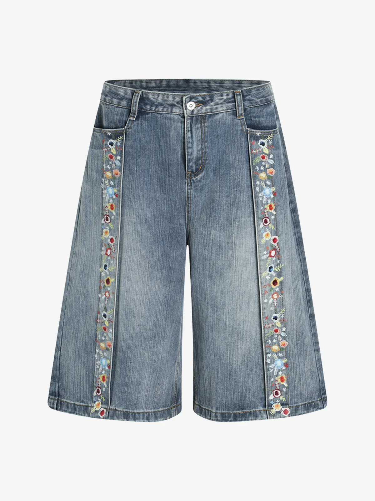 Blue Act Chic Washed Floral Embroidery Patchwork Jorts Front