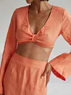 Simple V-Neck Long Sleeve Top&Split-Side Skirt Two-Piece Suit