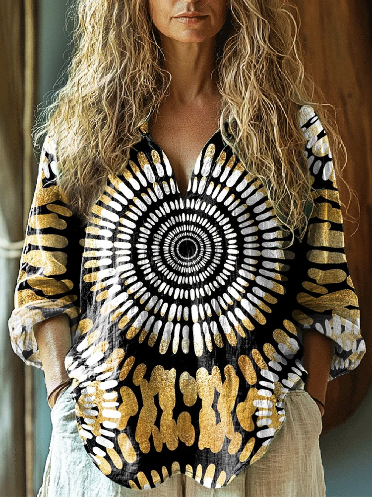 Women's Colorful Tie Dye Art Print Casual Linen V-neck Shirt