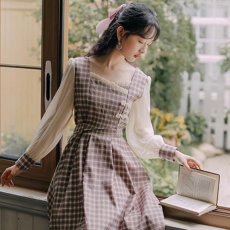 Vintage Ruffle Square Neck Button Long Dress