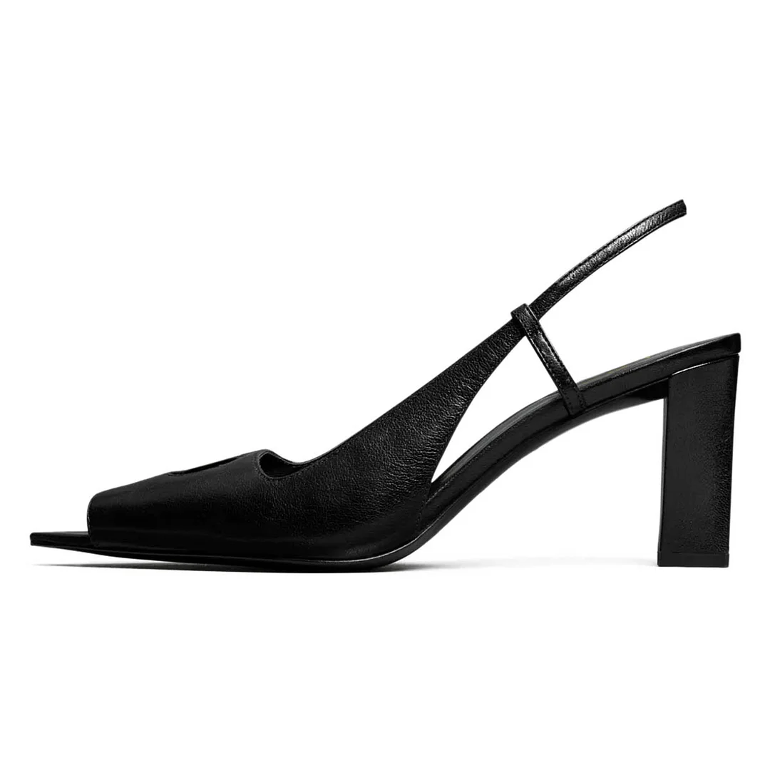 YDN Simple Vegan Leather Peep Toe Slingback Black Heels Sandals