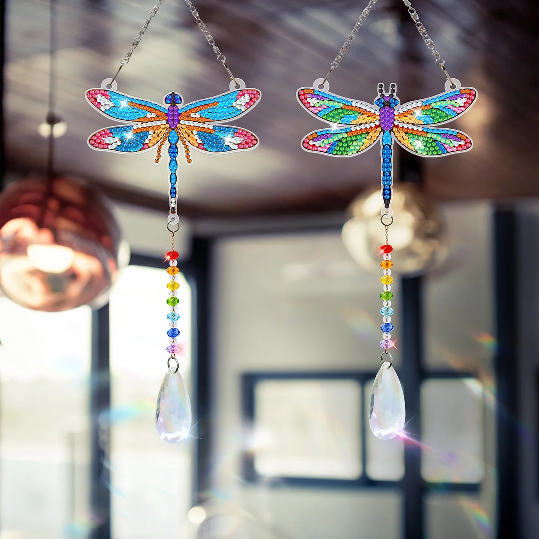 2Pcs Dragonfly DIY Double-Sided Diamond Painting Hanging Kits Diamond Painting Suncatcher Craft Kit for Home Garden Wall Decor Gift