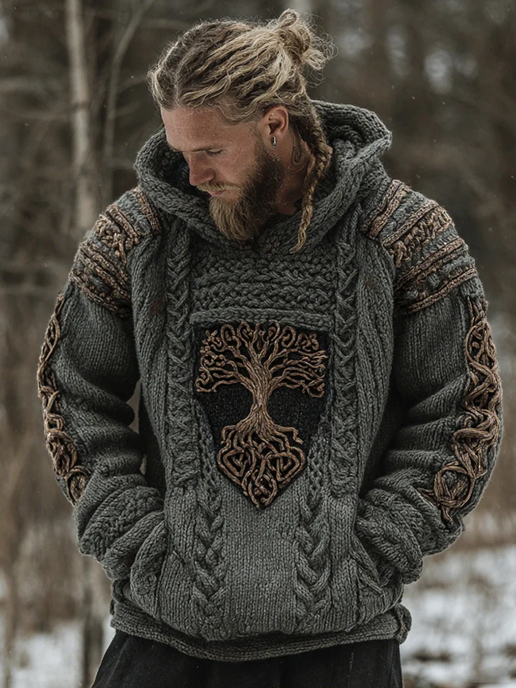 Men's Viking Celtic Tree Of Life Art Jacquard Chunky Knitted Cozy Hooded Sweater