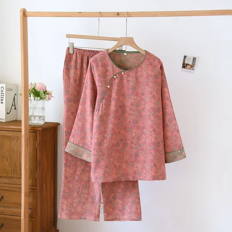 Nine Points Sleeve Cotton Gauze Pajama Set Radinnoo.com
