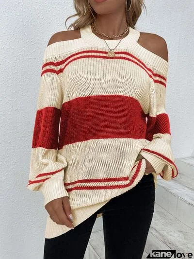 Color Block Striped Cold Shoulder Sweater
