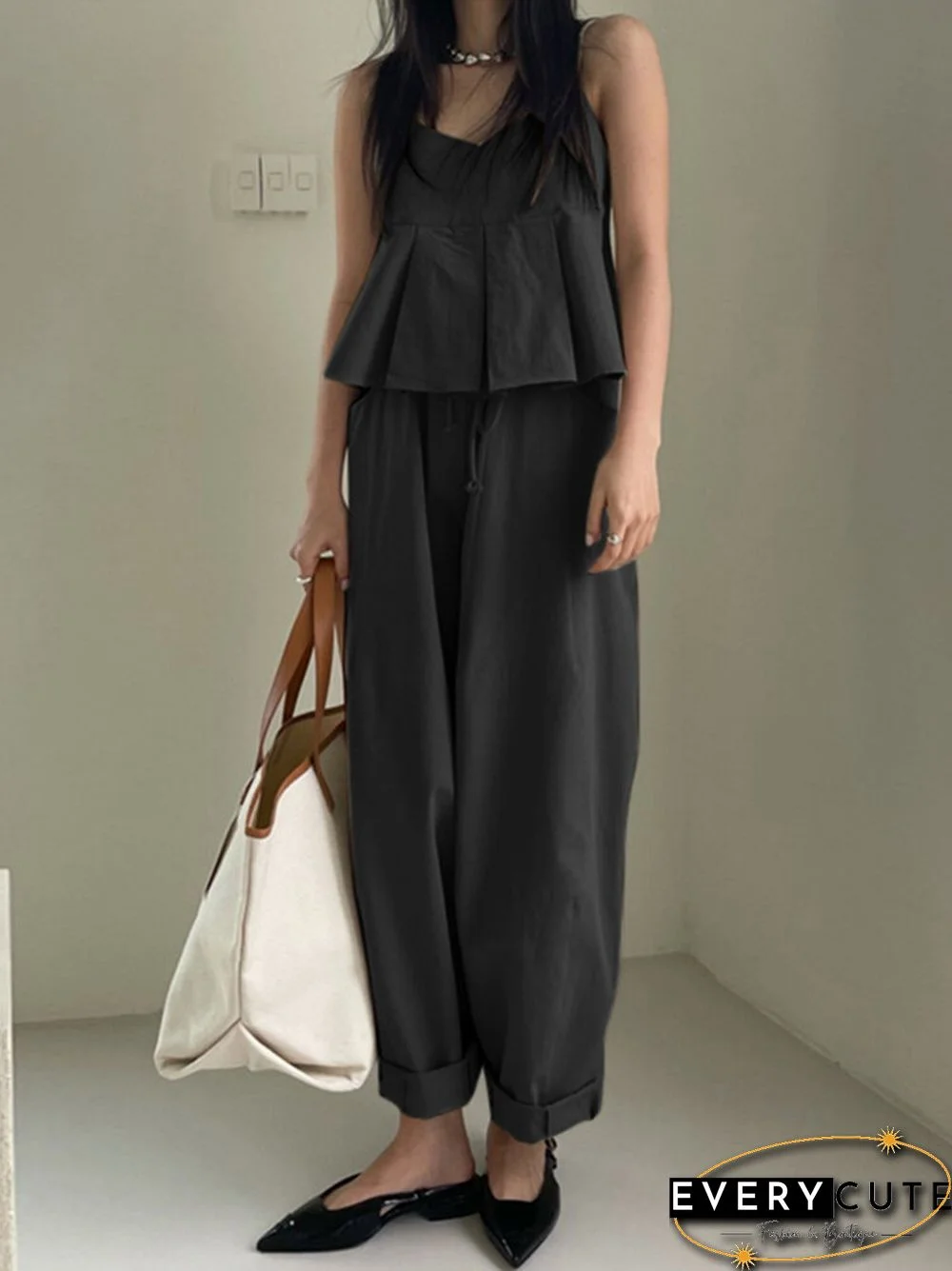 Plain Pleats V Neck Sleeveless Elegant Two Pieces Suit