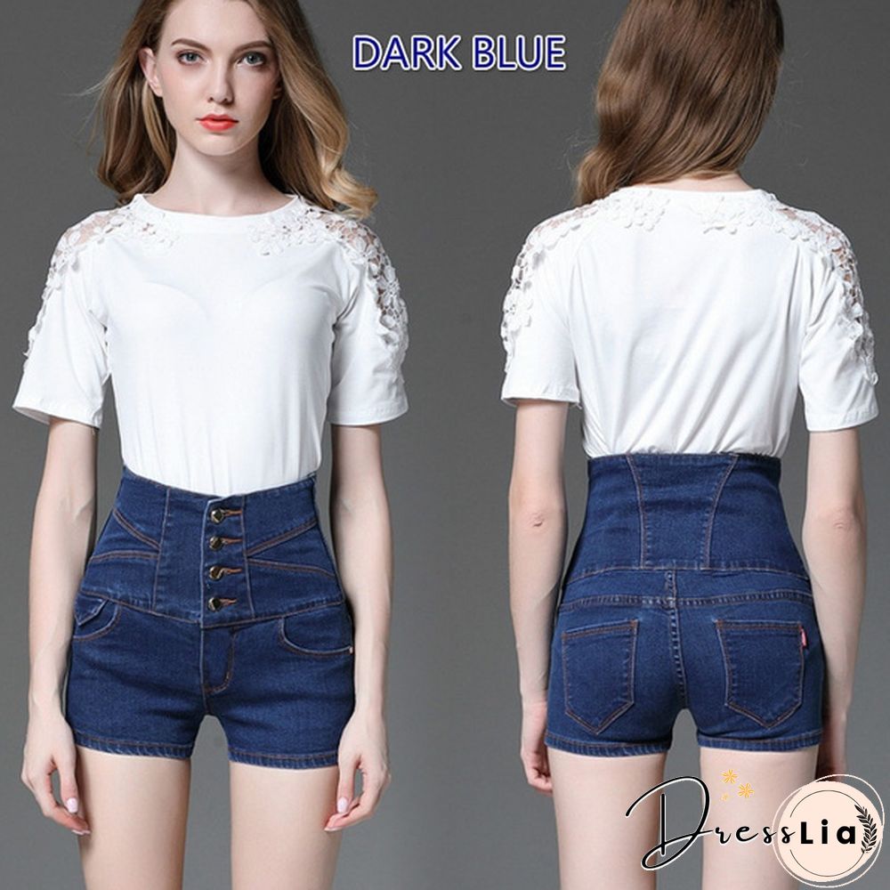Brand Women Denim Shorts High Waist Slim Plus Size Multi-button Shorts